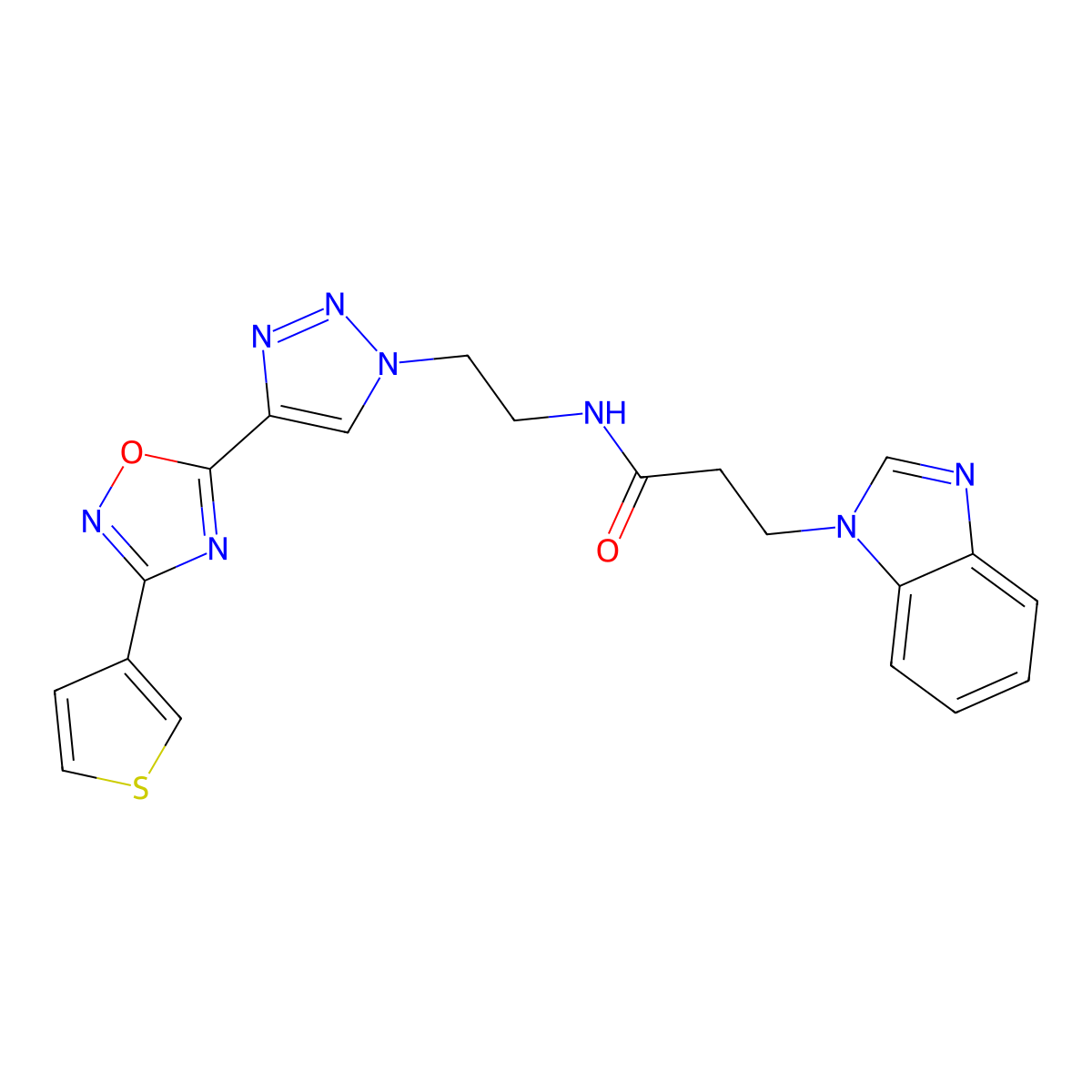 3-(1H-benzo[d]imidazol-1-yl)-N-(2-(4-(3-(thiophen-3-yl)-1,2,4-oxadiazol-5-yl)-1H-1,2,3-triazol-1-yl)ethyl)propanamide molecular structure, CAS 2034355-08-1