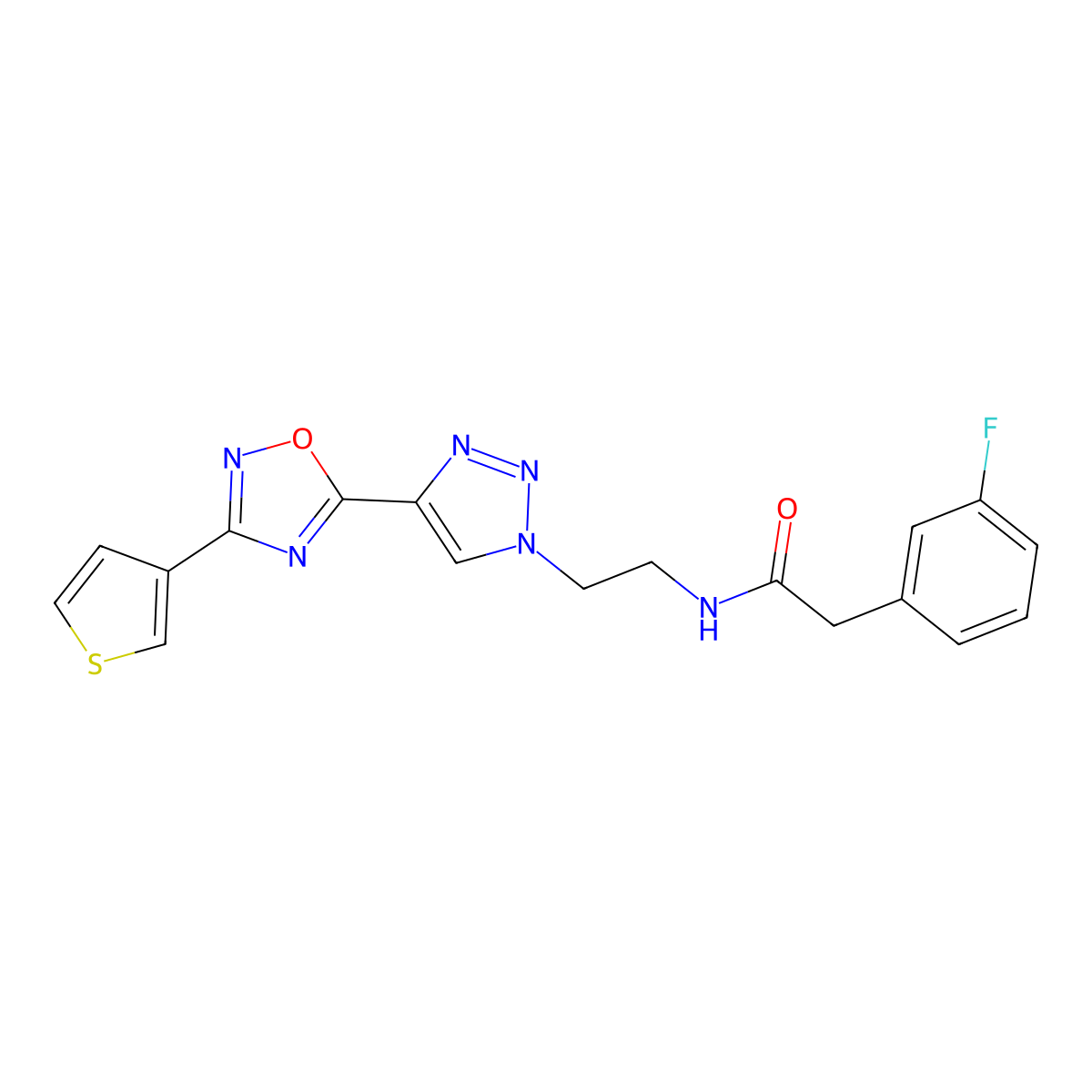 2-(3-fluorophenyl)-N-(2-(4-(3-(thiophen-3-yl)-1,2,4-oxadiazol-5-yl)-1H-1,2,3-triazol-1-yl)ethyl)acetamide molecular structure, CAS 2034355-14-9
