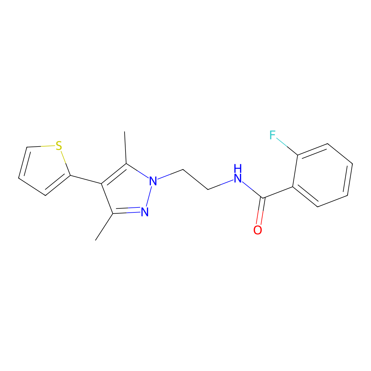 N-(2-(3,5-dimethyl-4-(thiophen-2-yl)-1H-pyrazol-1-yl)ethyl)-2-fluorobenzamide molecular structure, CAS 2034355-20-7