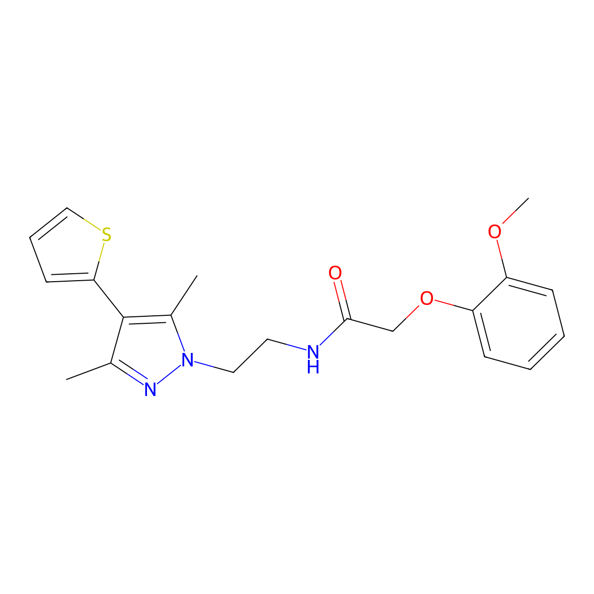 N-(2-(3,5-dimethyl-4-(thiophen-2-yl)-1H-pyrazol-1-yl)ethyl)-2-(2-methoxyphenoxy)acetamide molecular structure, CAS 2034355-35-4