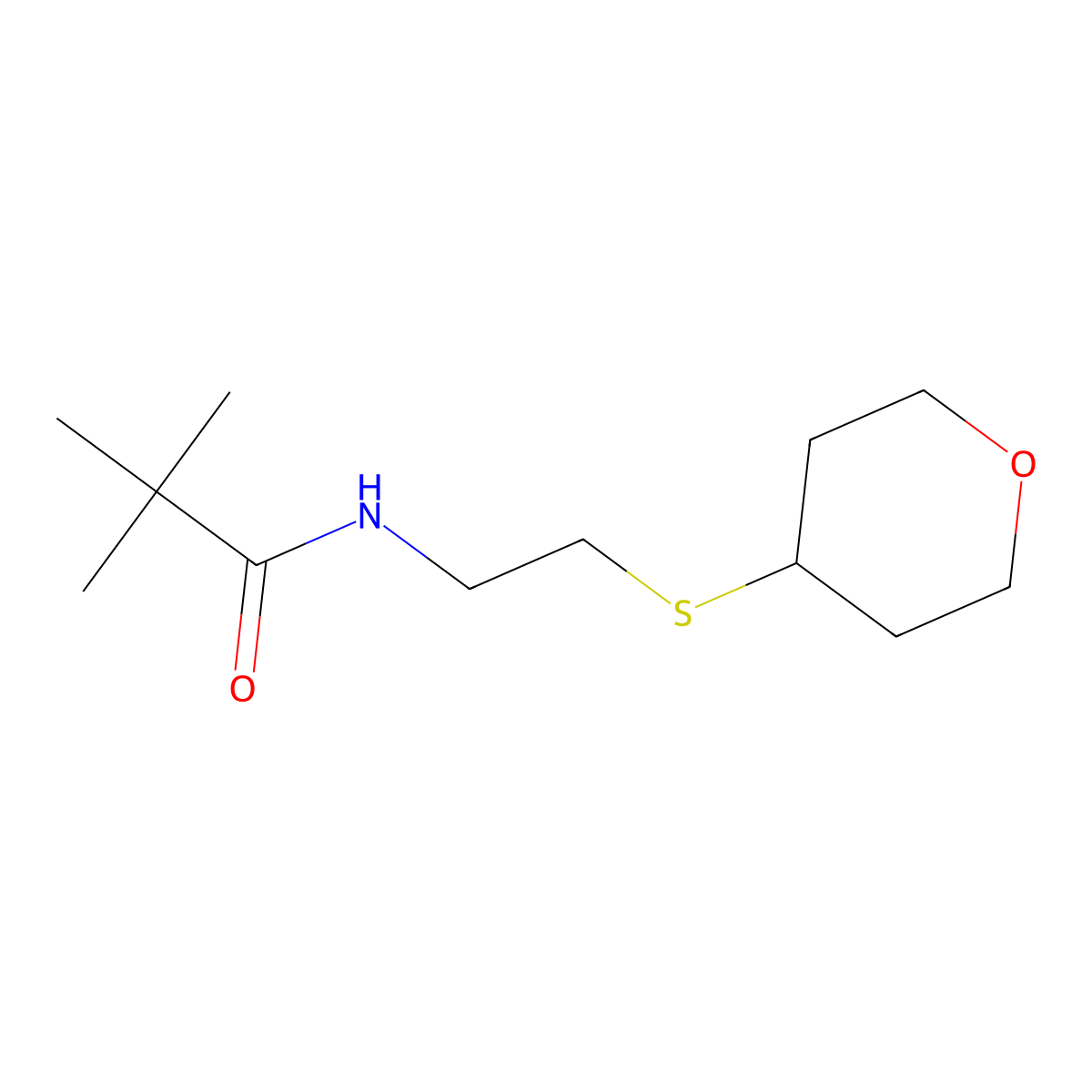 N-(2-((tetrahydro-2H-pyran-4-yl)thio)ethyl)pivalamide molecular structure, CAS 2034355-37-6