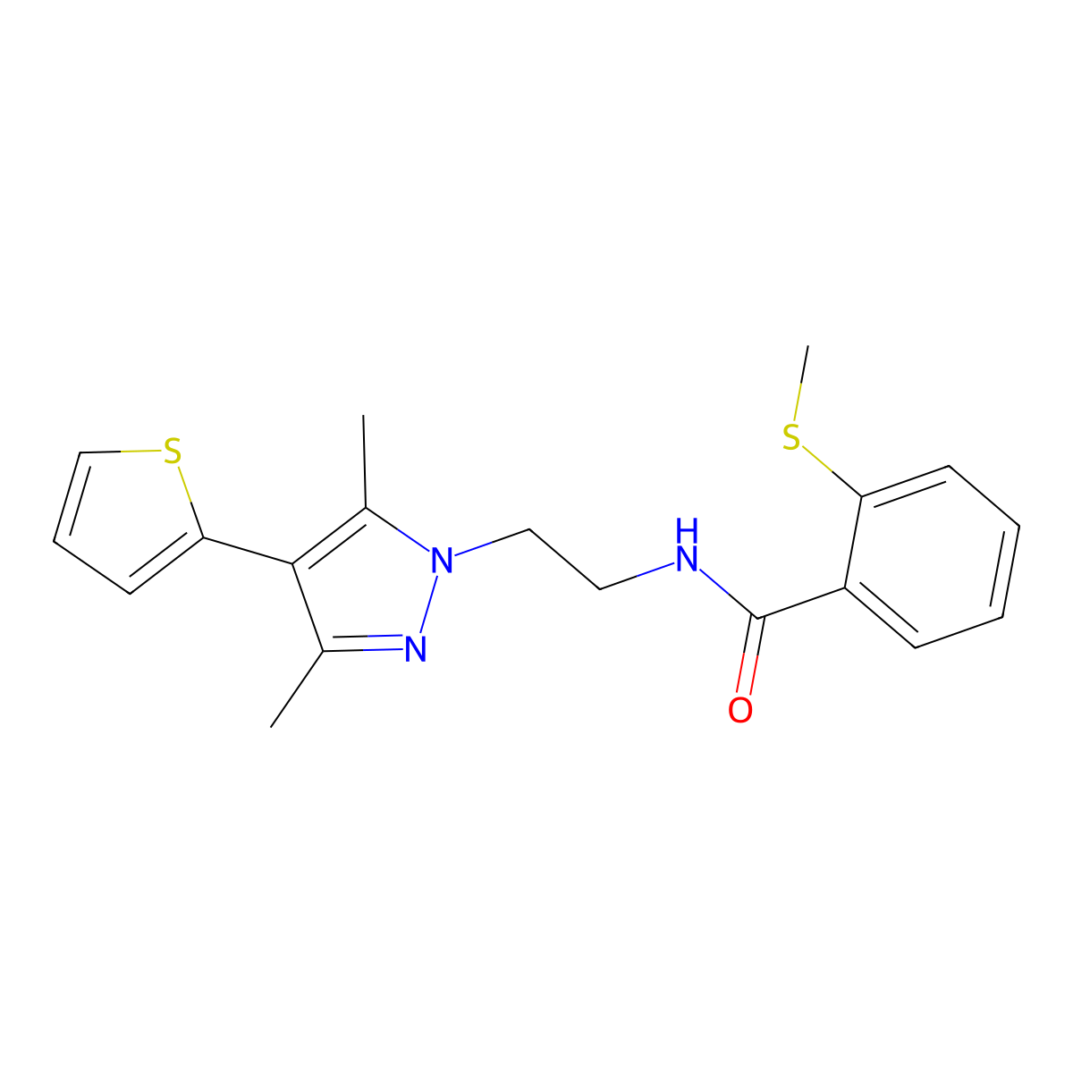 N-(2-(3,5-dimethyl-4-(thiophen-2-yl)-1H-pyrazol-1-yl)ethyl)-2-(methylthio)benzamide molecular structure, CAS 2034355-45-6