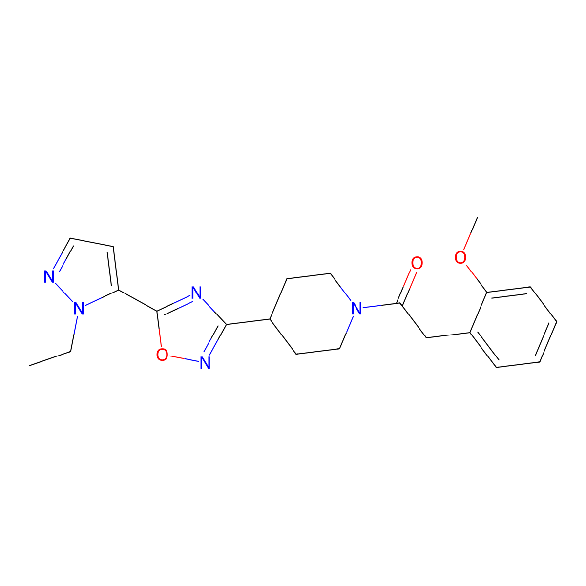 1-(4-(5-(1-ethyl-1H-pyrazol-5-yl)-1,2,4-oxadiazol-3-yl)piperidin-1-yl)-2-(2-methoxyphenyl)ethanone molecular structure, CAS 2034355-47-8
