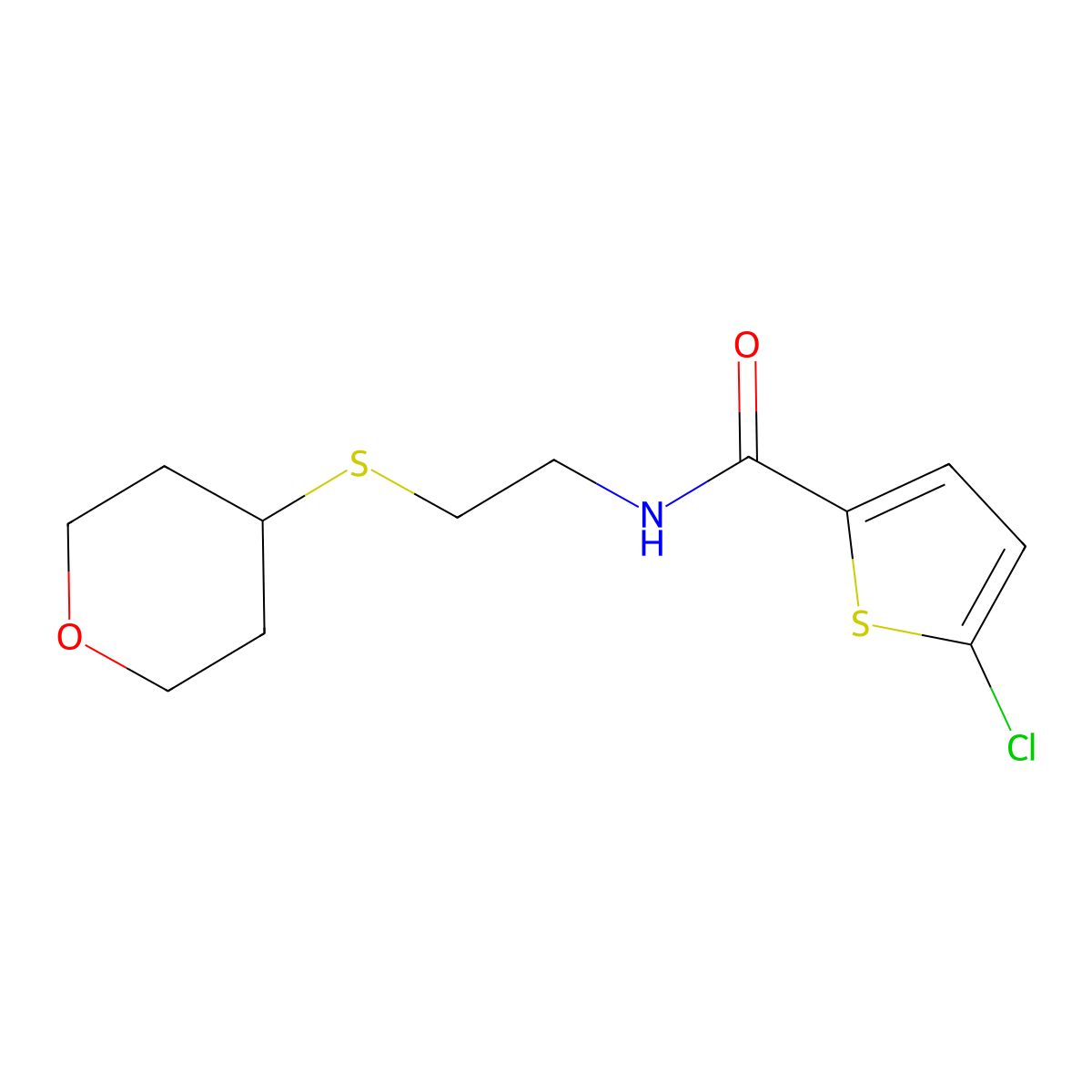 5-chloro-N-(2-((tetrahydro-2H-pyran-4-yl)thio)ethyl)thiophene-2-carboxamide molecular structure, CAS 2034355-50-3