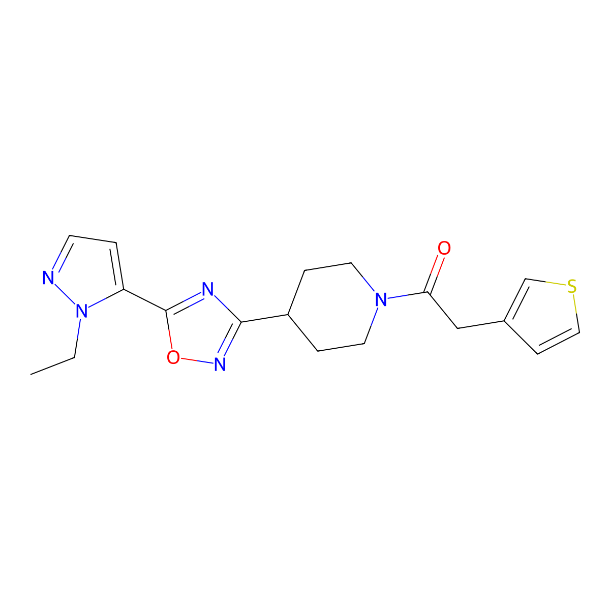 1-(4-(5-(1-ethyl-1H-pyrazol-5-yl)-1,2,4-oxadiazol-3-yl)piperidin-1-yl)-2-(thiophen-3-yl)ethanone molecular structure, CAS 2034355-53-6