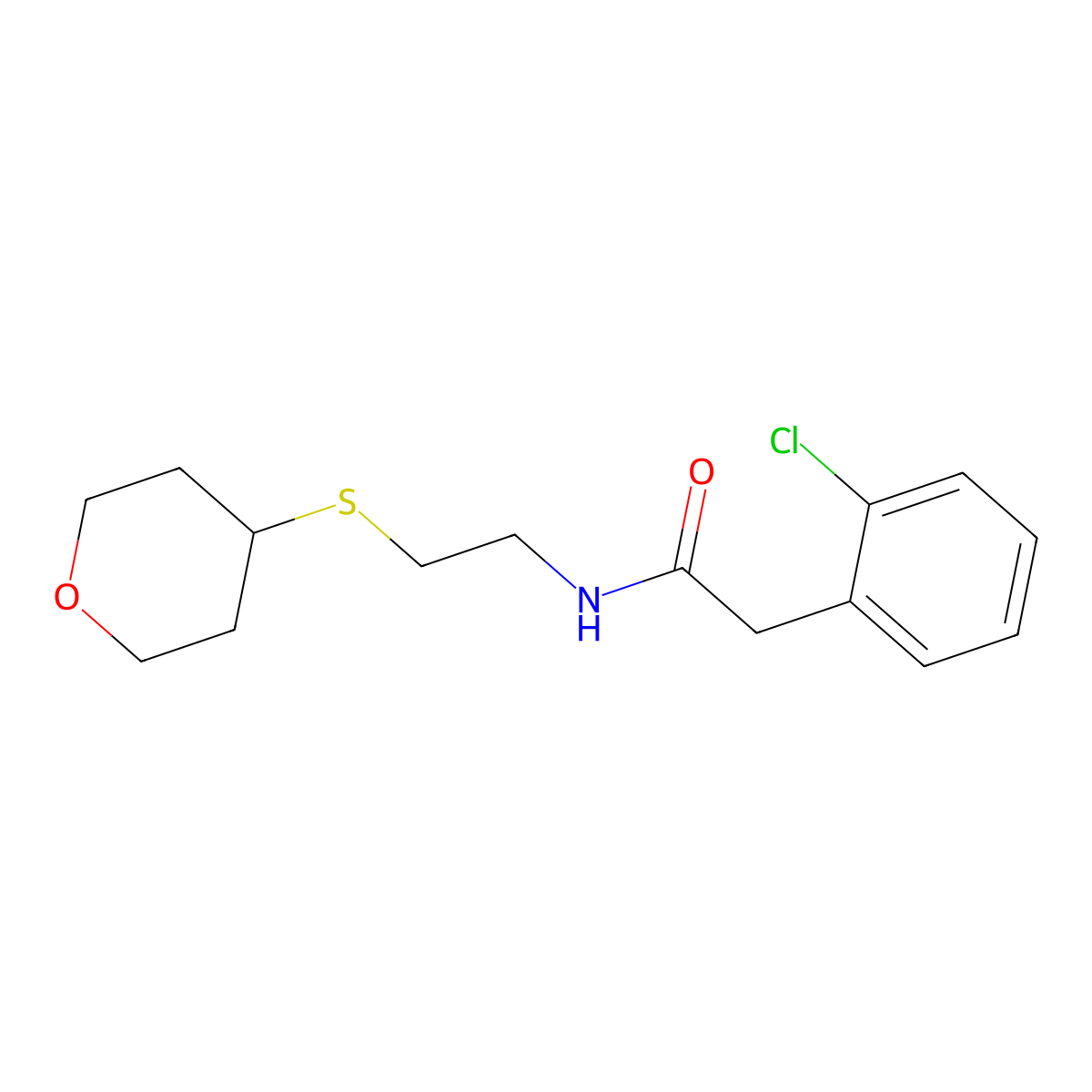 2-(2-chlorophenyl)-N-(2-((tetrahydro-2H-pyran-4-yl)thio)ethyl)acetamide molecular structure, CAS 2034355-59-2