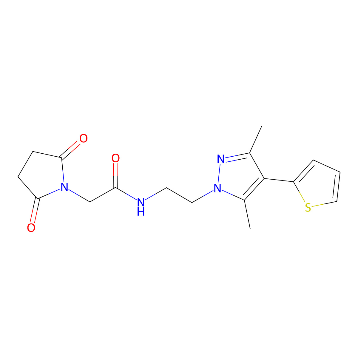 N-(2-(3,5-dimethyl-4-(thiophen-2-yl)-1H-pyrazol-1-yl)ethyl)-2-(2,5-dioxopyrrolidin-1-yl)acetamide molecular structure, CAS 2034355-63-8