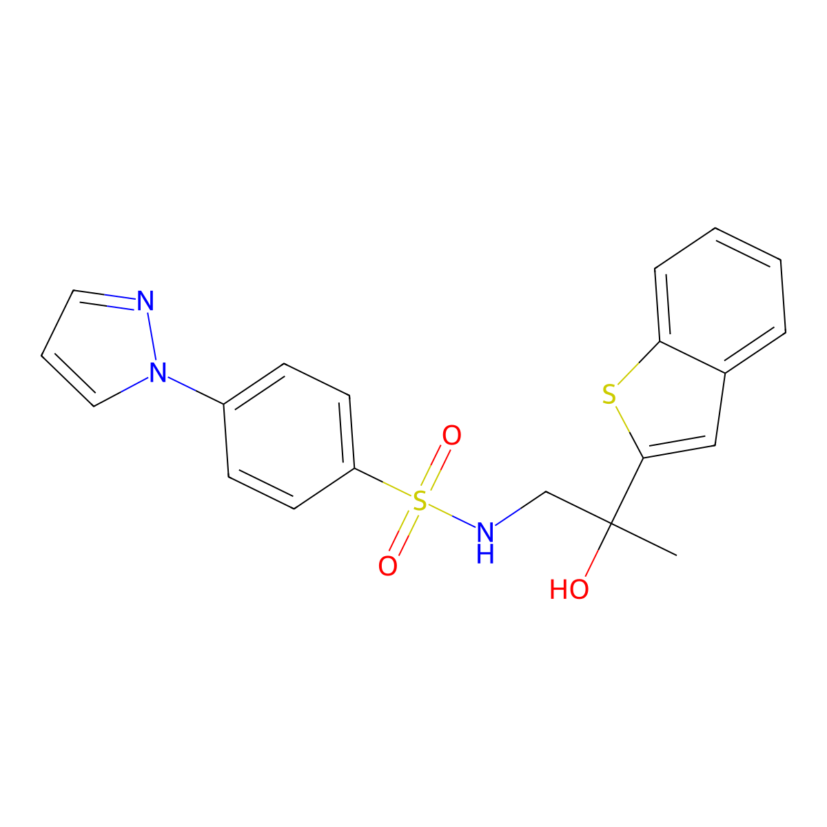 N-(2-(benzo[b]thiophen-2-yl)-2-hydroxypropyl)-4-(1H-pyrazol-1-yl)benzenesulfonamide molecular structure, CAS 2034355-65-0
