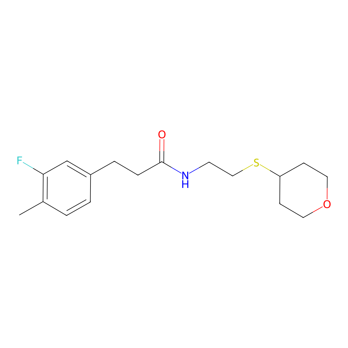 3-(3-fluoro-4-methylphenyl)-N-[2-(oxan-4-ylsulfanyl)ethyl]propanamide molecular structure, CAS 2034355-66-1