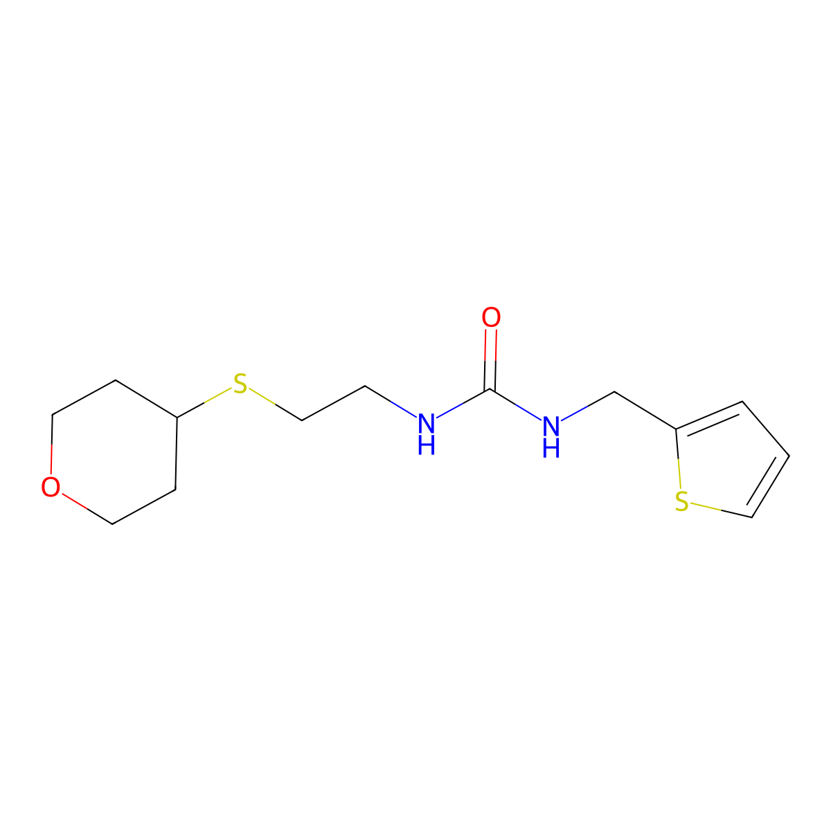 1-(2-((tetrahydro-2H-pyran-4-yl)thio)ethyl)-3-(thiophen-2-ylmethyl)urea molecular structure, CAS 2034355-72-9