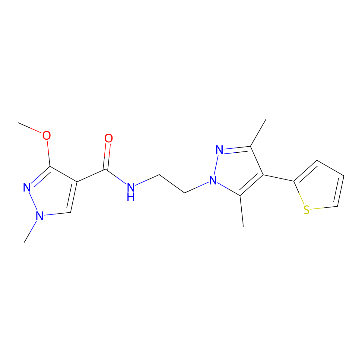 N-{2-[3,5-dimethyl-4-(thiophen-2-yl)-1H-pyrazol-1-yl]ethyl}-3-methoxy-1-methyl-1H-pyrazole-4-carboxamide molecular structure, CAS 2034355-73-0