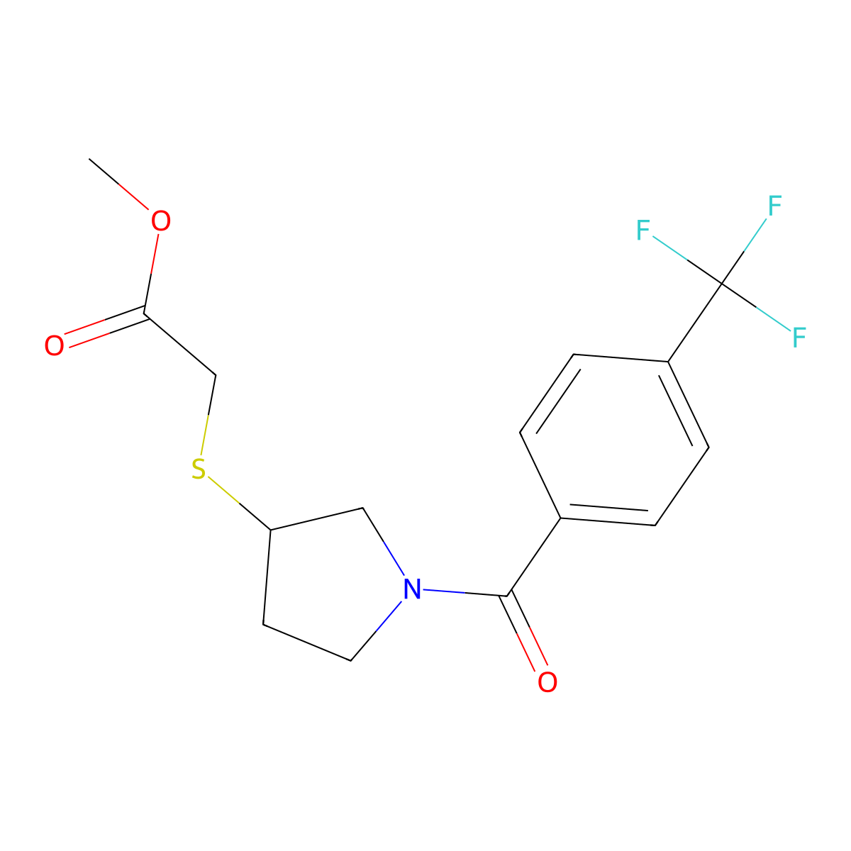 Methyl 2-((1-(4-(trifluoromethyl)benzoyl)pyrrolidin-3-yl)thio)acetate molecular structure, CAS 2034355-74-1