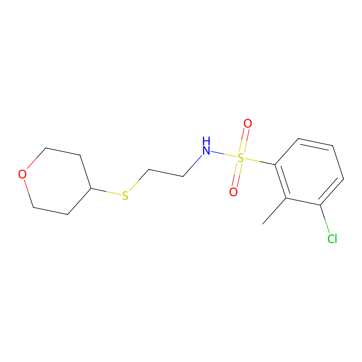 3-chloro-2-methyl-N-(2-((tetrahydro-2H-pyran-4-yl)thio)ethyl)benzenesulfonamide molecular structure, CAS 2034355-80-9
