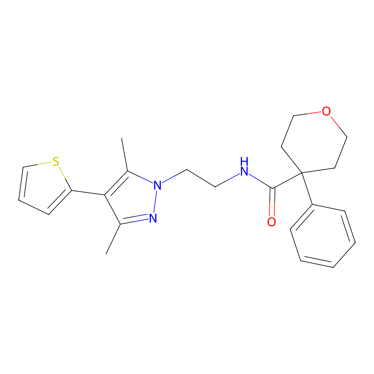 N-(2-(3,5-dimethyl-4-(thiophen-2-yl)-1H-pyrazol-1-yl)ethyl)-4-phenyltetrahydro-2H-pyran-4-carboxamide molecular structure, CAS 2034355-83-2