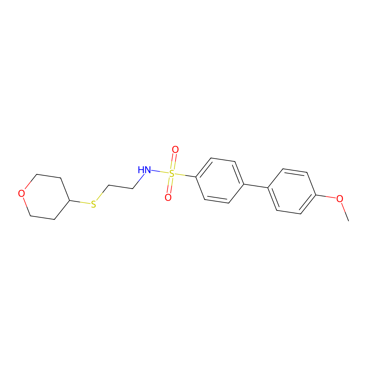4'-methoxy-N-(2-((tetrahydro-2H-pyran-4-yl)thio)ethyl)-[1,1'-biphenyl]-4-sulfonamide molecular structure, CAS 2034355-86-5
