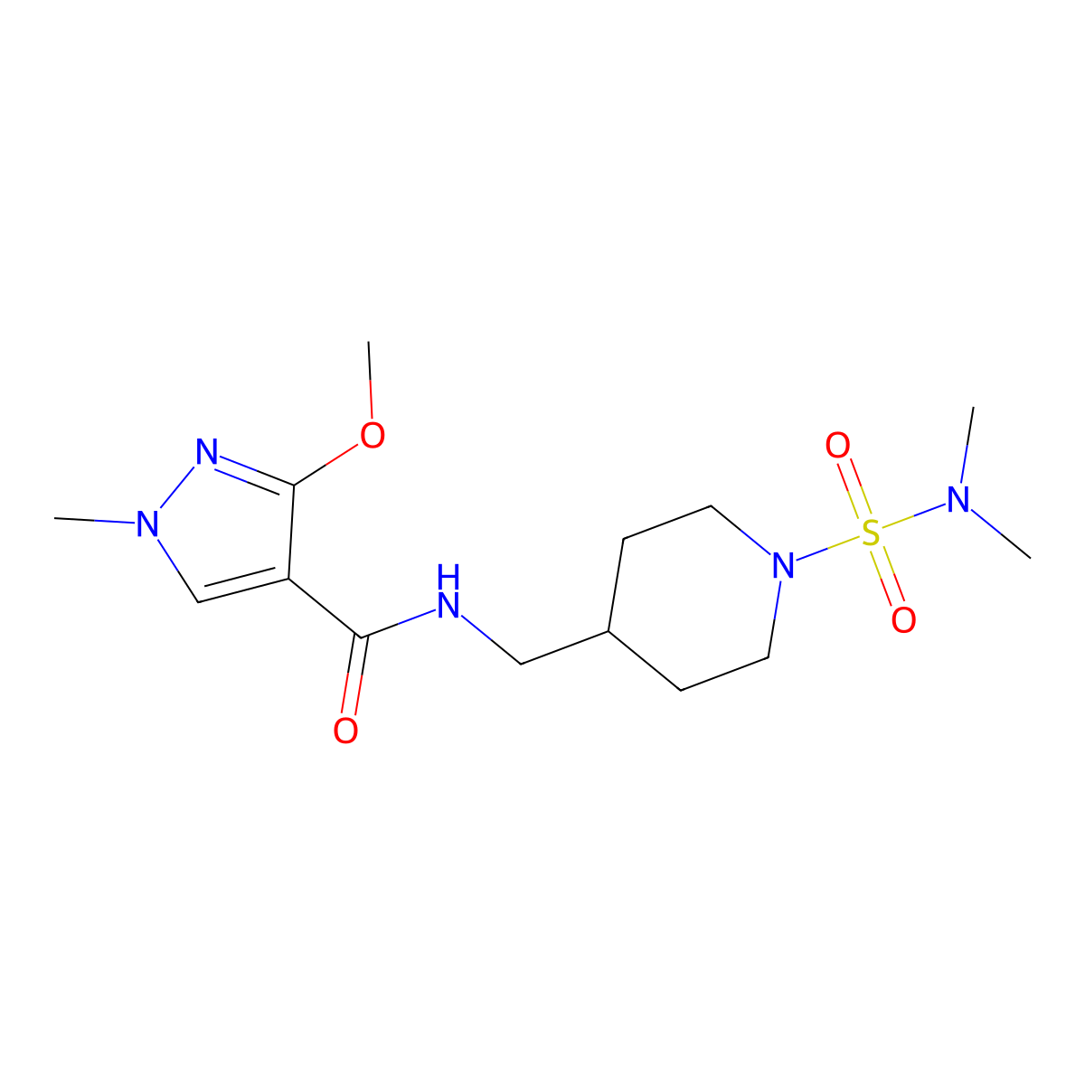 N-((1-(N,N-dimethylsulfamoyl)piperidin-4-yl)methyl)-3-methoxy-1-methyl-1H-pyrazole-4-carboxamide molecular structure, CAS 2034355-97-8