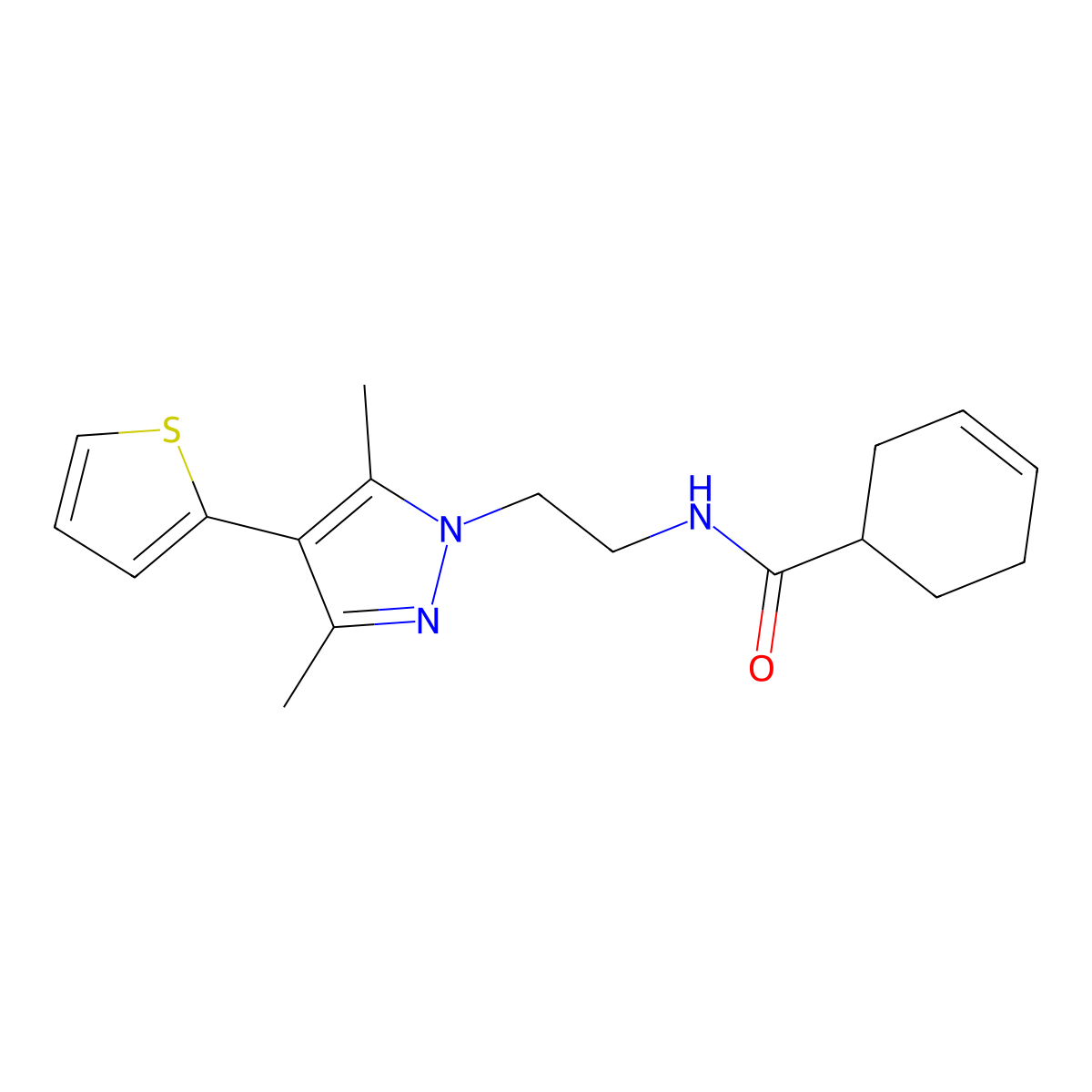 N-(2-(3,5-dimethyl-4-(thiophen-2-yl)-1H-pyrazol-1-yl)ethyl)cyclohex-3-enecarboxamide molecular structure, CAS 2034356-03-9