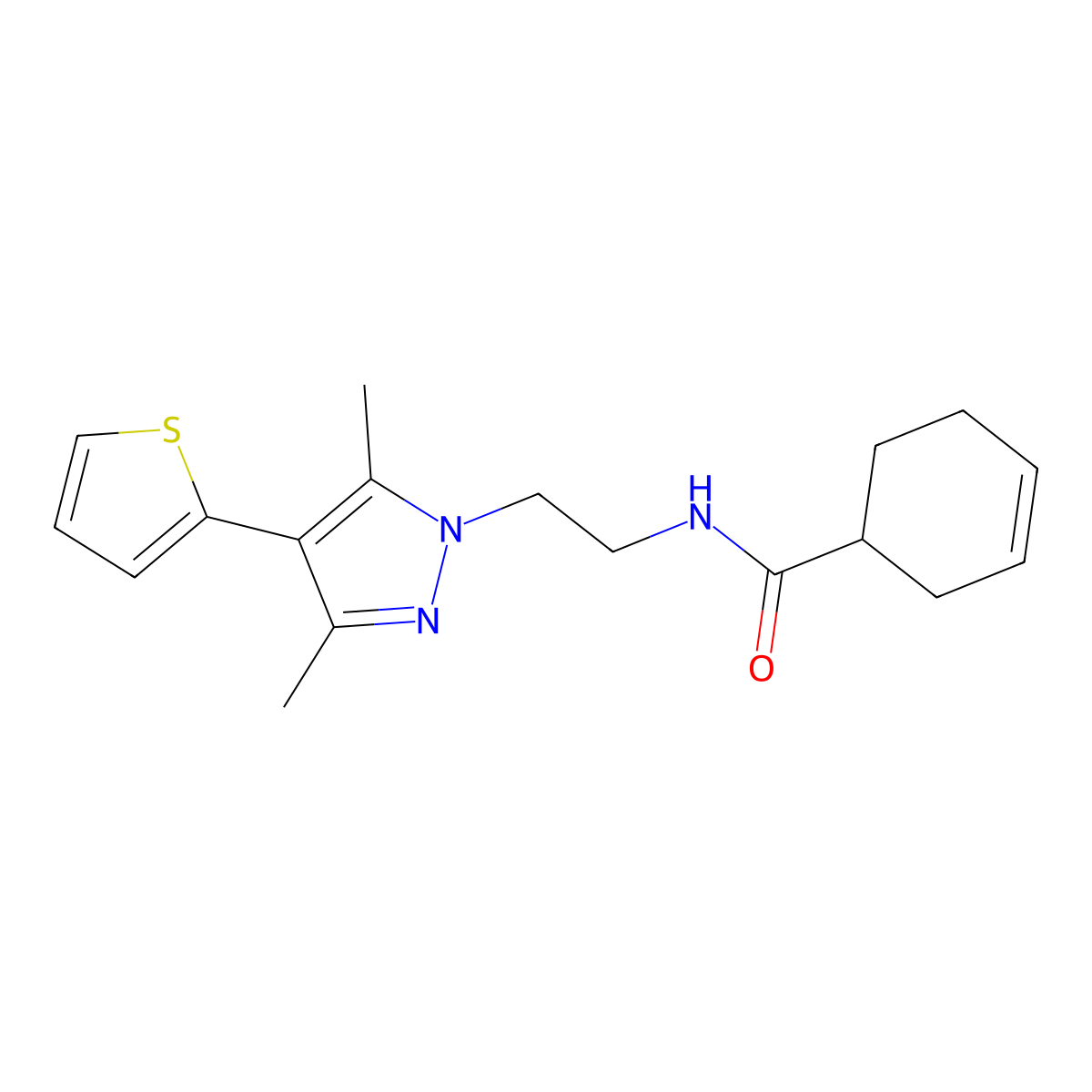 N-(2-(3,5-dimethyl-4-(thiophen-2-yl)-1H-pyrazol-1-yl)ethyl)cyclohex-3-enecarboxamide molecular structure, CAS 2034356-03-9