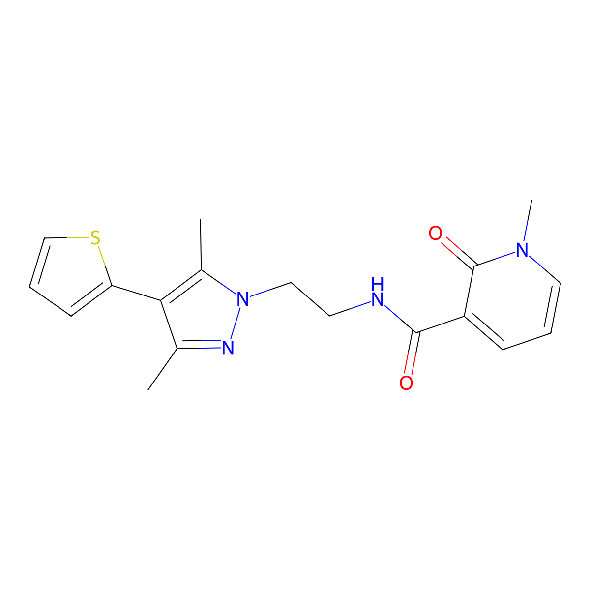 N-{2-[3,5-dimethyl-4-(thiophen-2-yl)-1H-pyrazol-1-yl]ethyl}-1-methyl-2-oxo-1,2-dihydropyridine-3-carboxamide molecular structure, CAS 2034356-24-4