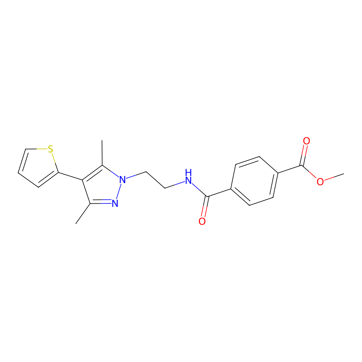 methyl 4-({2-[3,5-dimethyl-4-(thiophen-2-yl)-1H-pyrazol-1-yl]ethyl}carbamoyl)benzoate molecular structure, CAS 2034356-36-8
