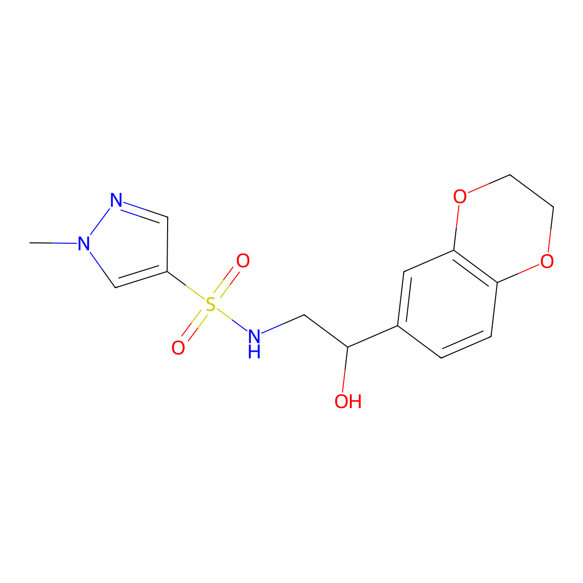 N-(2-(2,3-dihydrobenzo[b][1,4]dioxin-6-yl)-2-hydroxyethyl)-1-methyl-1H-pyrazole-4-sulfonamide molecular structure, CAS 2034356-40-4