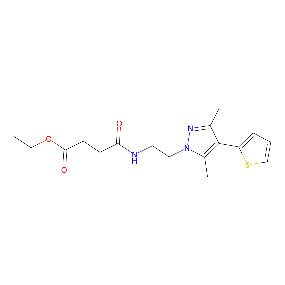ethyl 4-((2-(3,5-dimethyl-4-(thiophen-2-yl)-1H-pyrazol-1-yl)ethyl)amino)-4-oxobutanoate molecular structure, CAS 2034356-63-1