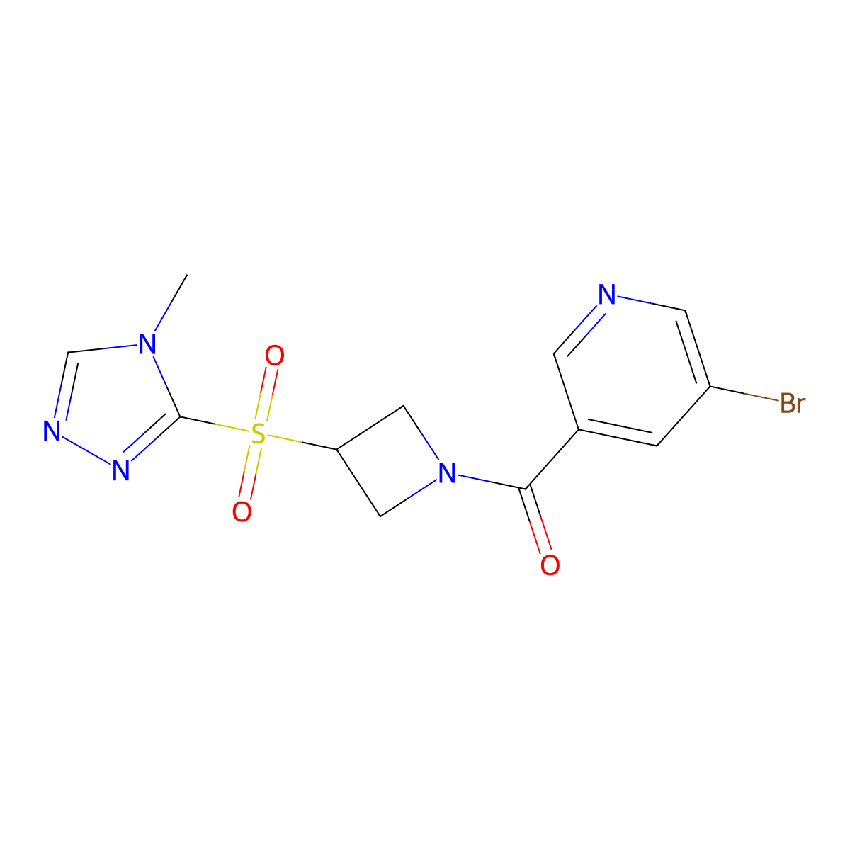 (5-bromopyridin-3-yl)(3-((4-methyl-4H-1,2,4-triazol-3-yl)sulfonyl)azetidin-1-yl)methanone molecular structure, CAS 2034356-77-7