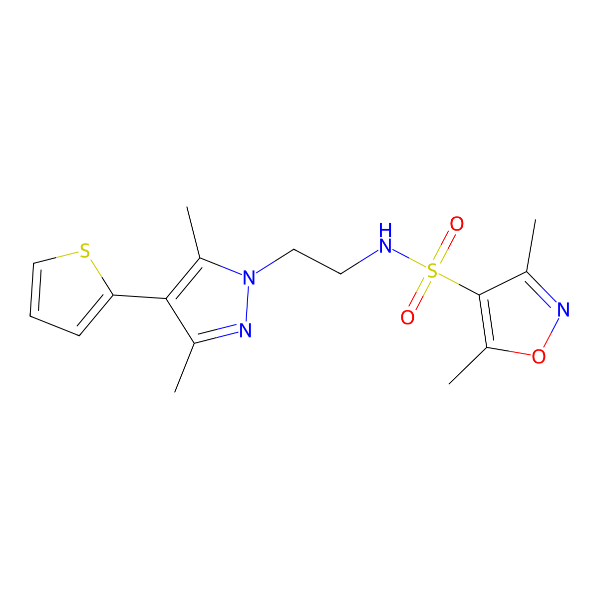 N-(2-(3,5-dimethyl-4-(thiophen-2-yl)-1H-pyrazol-1-yl)ethyl)-3,5-dimethylisoxazole-4-sulfonamide molecular structure, CAS 2034356-89-1