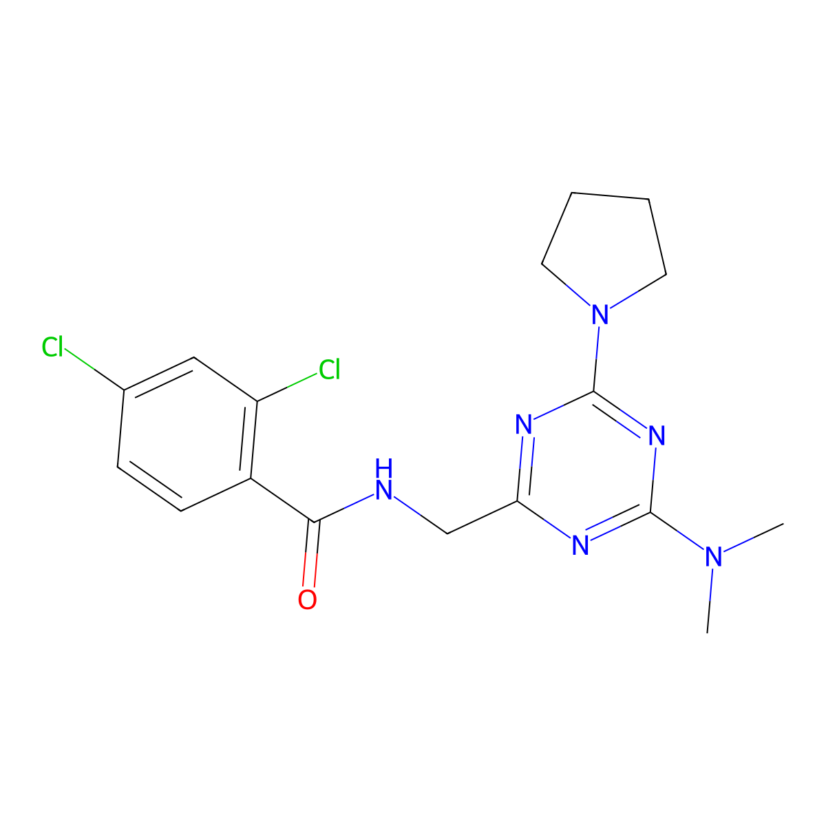 2,4-dichloro-N-((4-(dimethylamino)-6-(pyrrolidin-1-yl)-1,3,5-triazin-2-yl)methyl)benzamide molecular structure, CAS 2034357-00-9