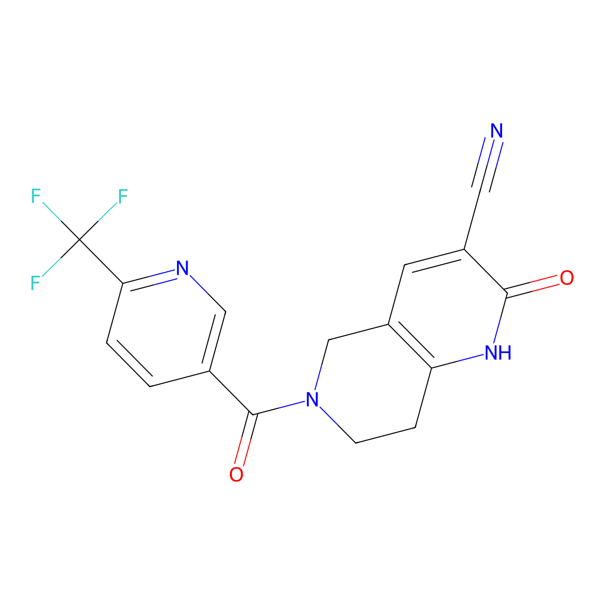 2-Oxo-6-(6-(trifluoromethyl)nicotinoyl)-1,2,5,6,7,8-hexahydro-1,6-naphthyridine-3-carbonitrile molecular structure, CAS 2034357-02-1