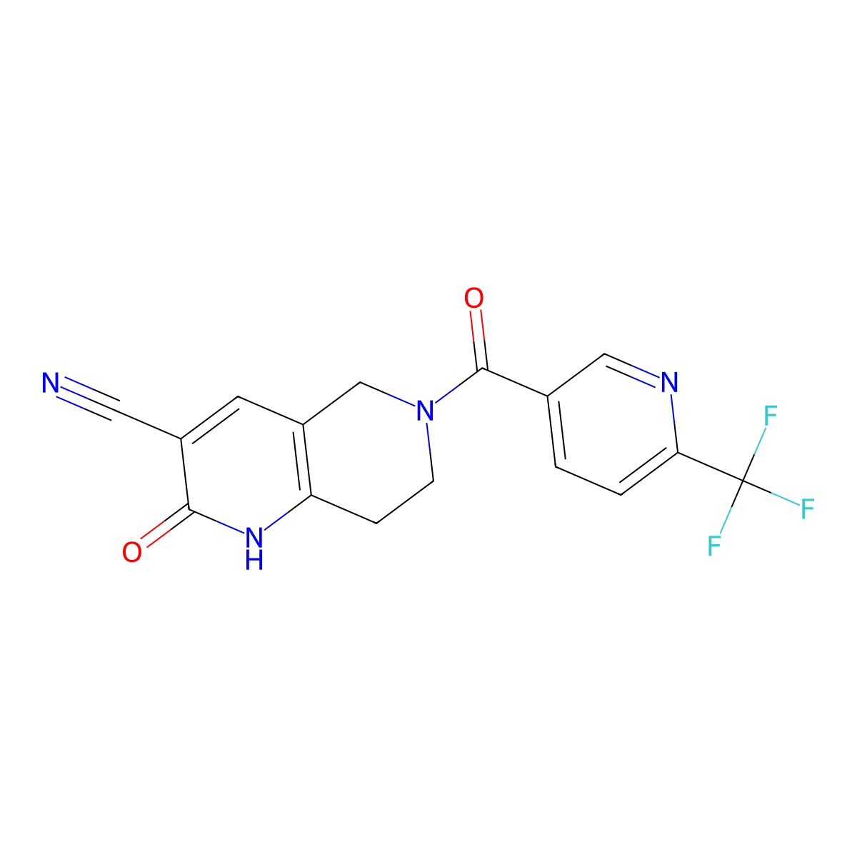 2-Oxo-6-(6-(trifluoromethyl)nicotinoyl)-1,2,5,6,7,8-hexahydro-1,6-naphthyridine-3-carbonitrile molecular structure, CAS 2034357-02-1
