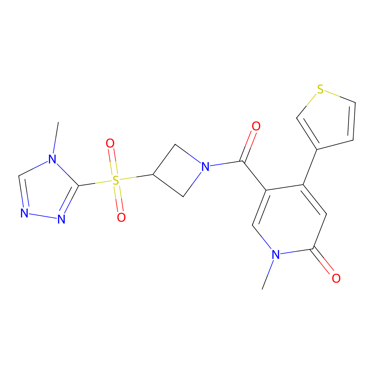 1-methyl-5-(3-((4-methyl-4H-1,2,4-triazol-3-yl)sulfonyl)azetidine-1-carbonyl)-4-(thiophen-3-yl)pyridin-2(1H)-one molecular structure, CAS 2034357-04-3