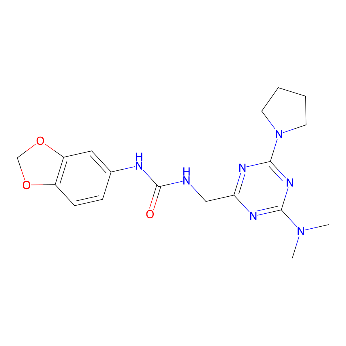 1-(Benzo[d][1,3]dioxol-5-yl)-3-((4-(dimethylamino)-6-(pyrrolidin-1-yl)-1,3,5-triazin-2-yl)methyl)urea molecular structure, CAS 2034357-07-6
