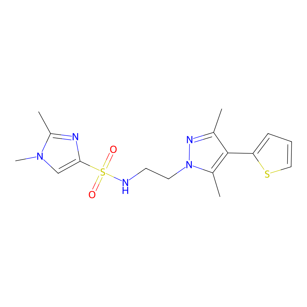 N-{2-[3,5-dimethyl-4-(thiophen-2-yl)-1H-pyrazol-1-yl]ethyl}-1,2-dimethyl-1H-imidazole-4-sulfonamide molecular structure, CAS 2034357-12-3