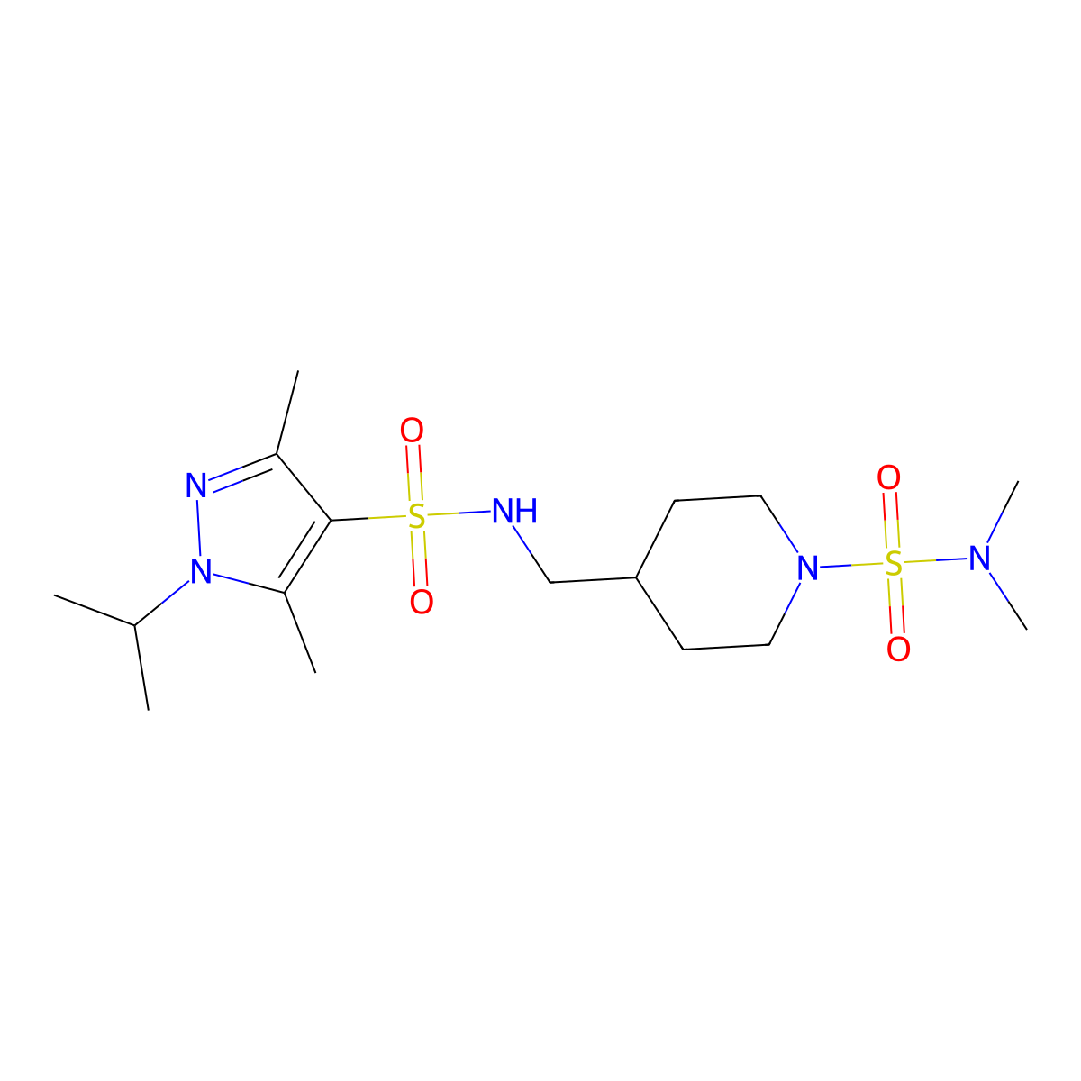 4-((1-isopropyl-3,5-dimethyl-1H-pyrazole-4-sulfonamido)methyl)-N,N-dimethylpiperidine-1-sulfonamide molecular structure, CAS 2034357-20-3