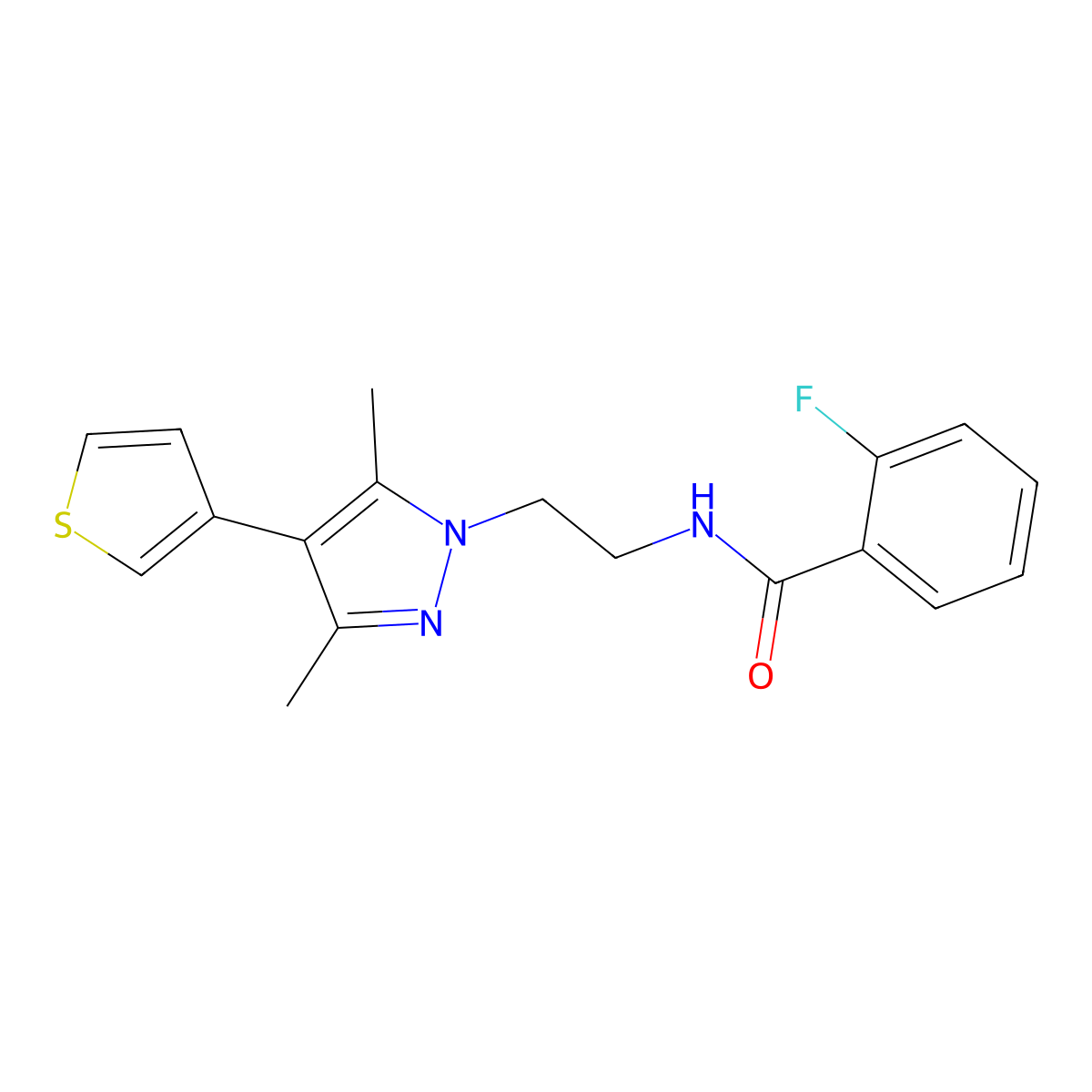 N-(2-(3,5-dimethyl-4-(thiophen-3-yl)-1H-pyrazol-1-yl)ethyl)-2-fluorobenzamide molecular structure, CAS 2034357-23-6