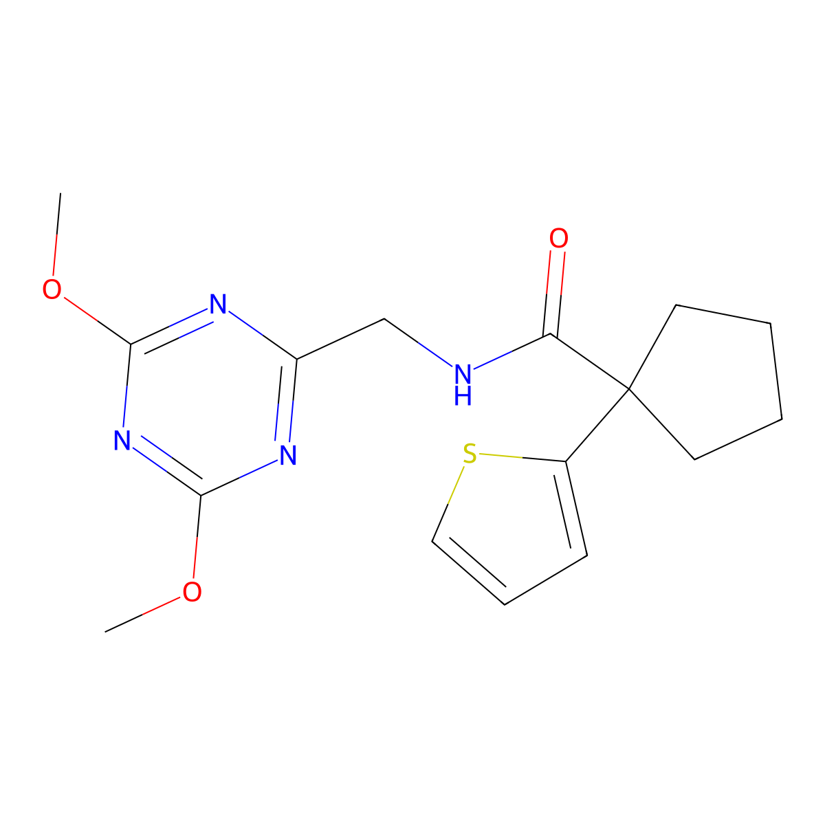 N-((4,6-dimethoxy-1,3,5-triazin-2-yl)methyl)-1-(thiophen-2-yl)cyclopentanecarboxamide molecular structure, CAS 2034357-24-7