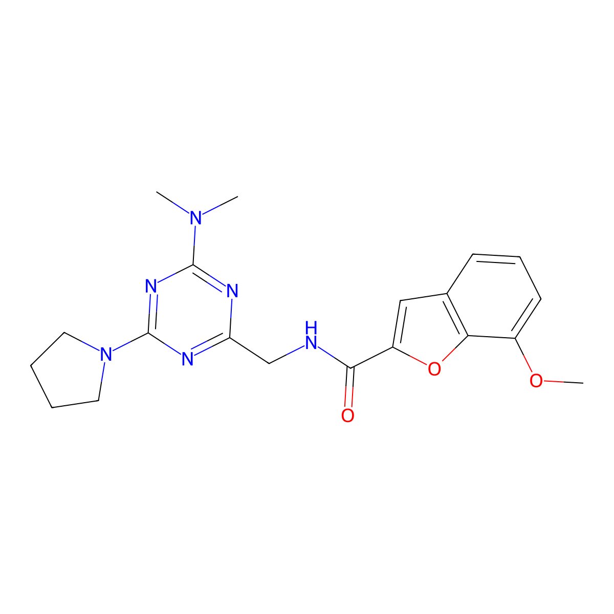N-((4-(dimethylamino)-6-(pyrrolidin-1-yl)-1,3,5-triazin-2-yl)methyl)-7-methoxybenzofuran-2-carboxamide molecular structure, CAS 2034357-25-8