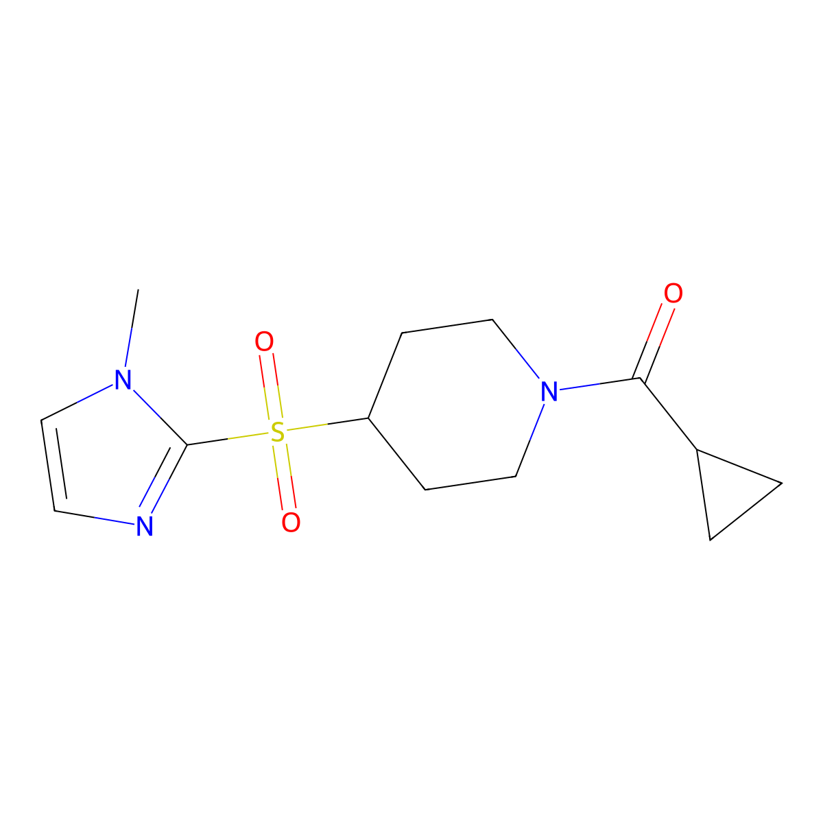 cyclopropyl(4-((1-methyl-1H-imidazol-2-yl)sulfonyl)piperidin-1-yl)methanone molecular structure, CAS 2034357-30-5
