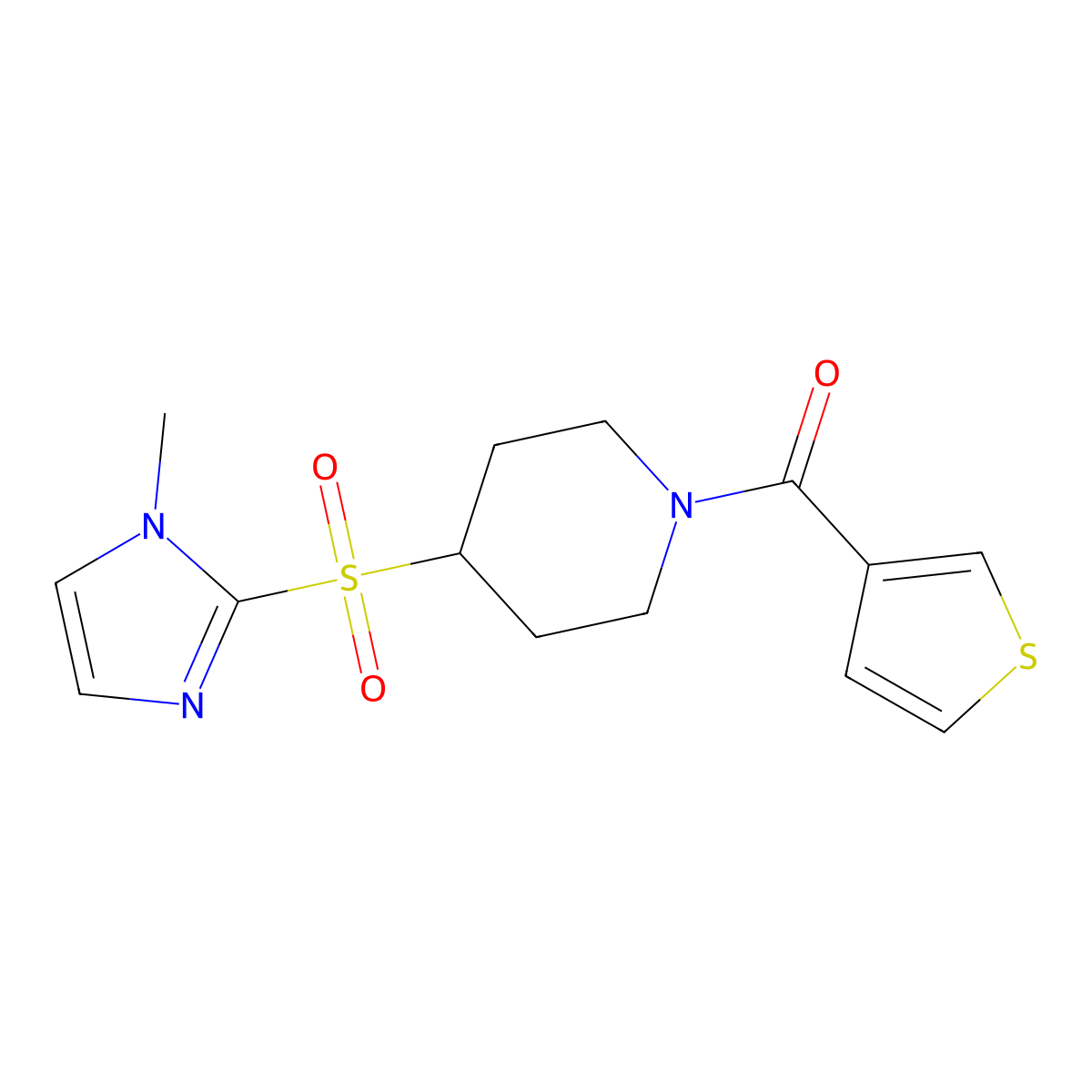 (4-((1-methyl-1H-imidazol-2-yl)sulfonyl)piperidin-1-yl)(thiophen-3-yl)methanone molecular structure, CAS 2034357-37-2