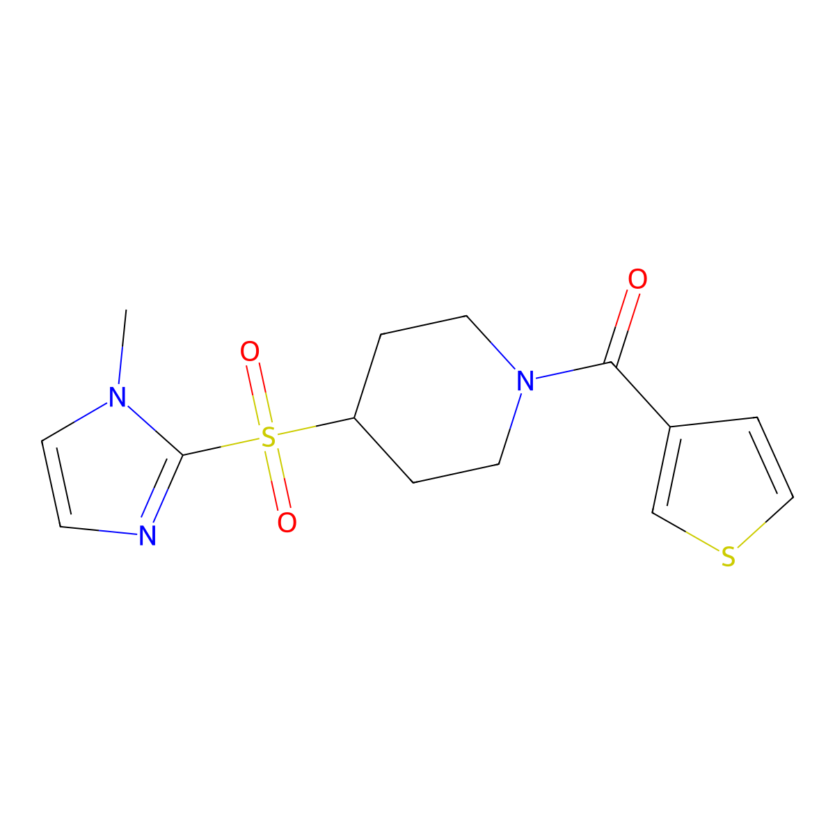 (4-((1-methyl-1H-imidazol-2-yl)sulfonyl)piperidin-1-yl)(thiophen-3-yl)methanone molecular structure, CAS 2034357-37-2