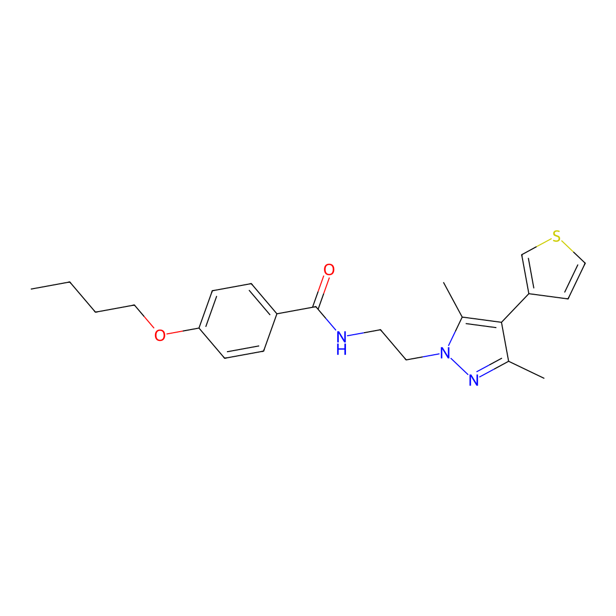 4-butoxy-N-{2-[3,5-dimethyl-4-(thiophen-3-yl)-1H-pyrazol-1-yl]ethyl}benzamide molecular structure, CAS 2034357-39-4