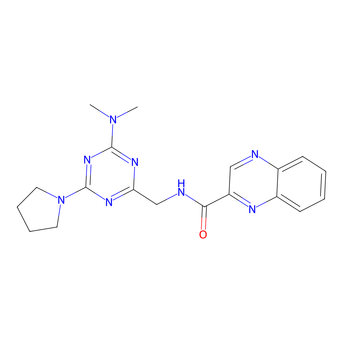 N-{[4-(dimethylamino)-6-(pyrrolidin-1-yl)-1,3,5-triazin-2-yl]methyl}quinoxaline-2-carboxamide molecular structure, CAS 2034357-40-7