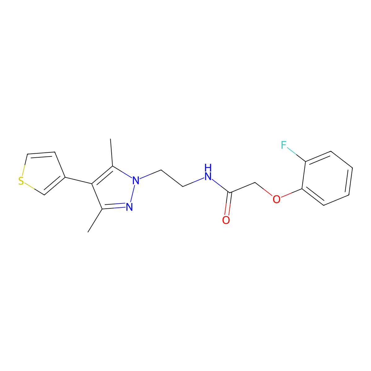 N-(2-(3,5-dimethyl-4-(thiophen-3-yl)-1H-pyrazol-1-yl)ethyl)-2-(2-fluorophenoxy)acetamide molecular structure, CAS 2034357-43-0