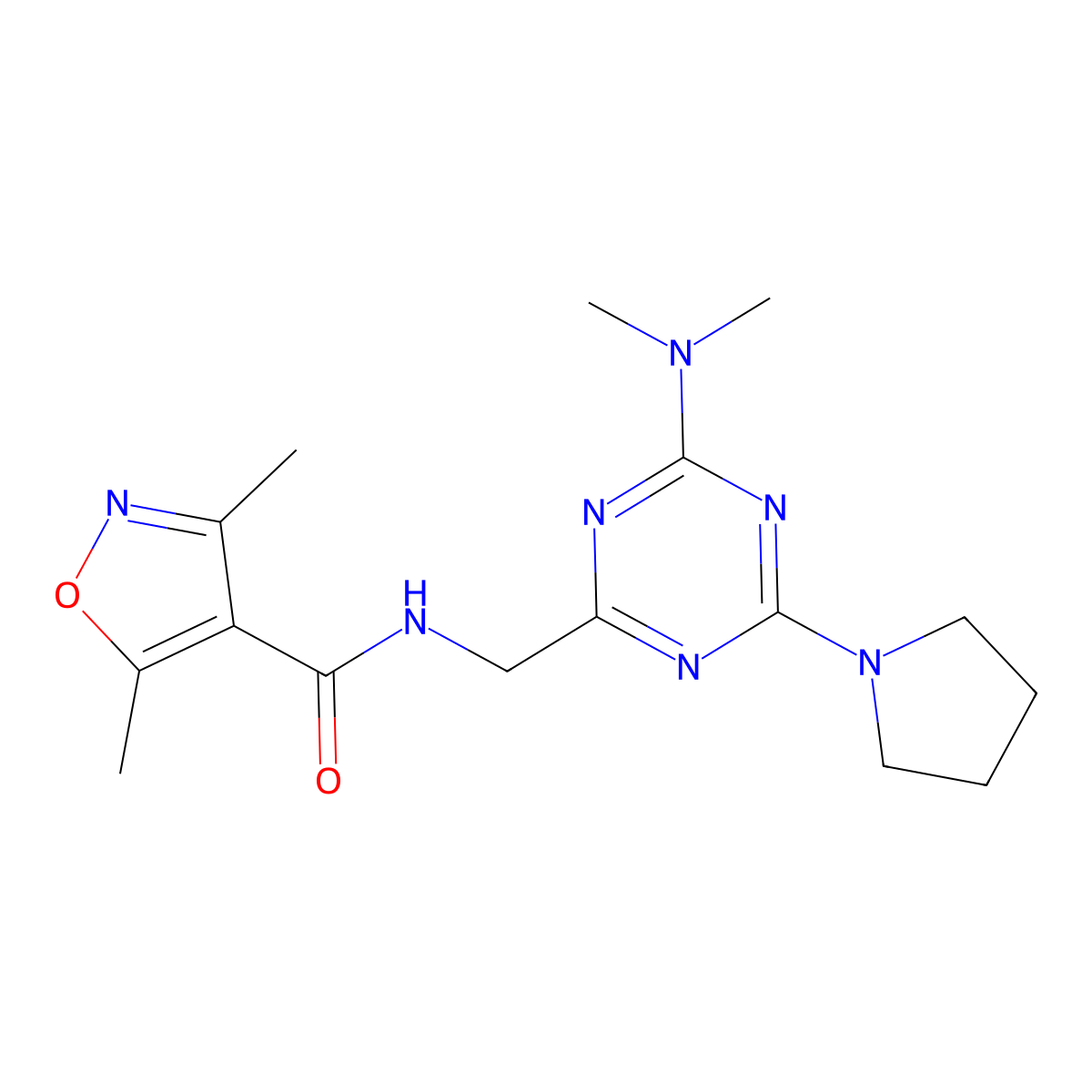 N-((4-(dimethylamino)-6-(pyrrolidin-1-yl)-1,3,5-triazin-2-yl)methyl)-3,5-dimethylisoxazole-4-carboxamide molecular structure, CAS 2034357-45-2