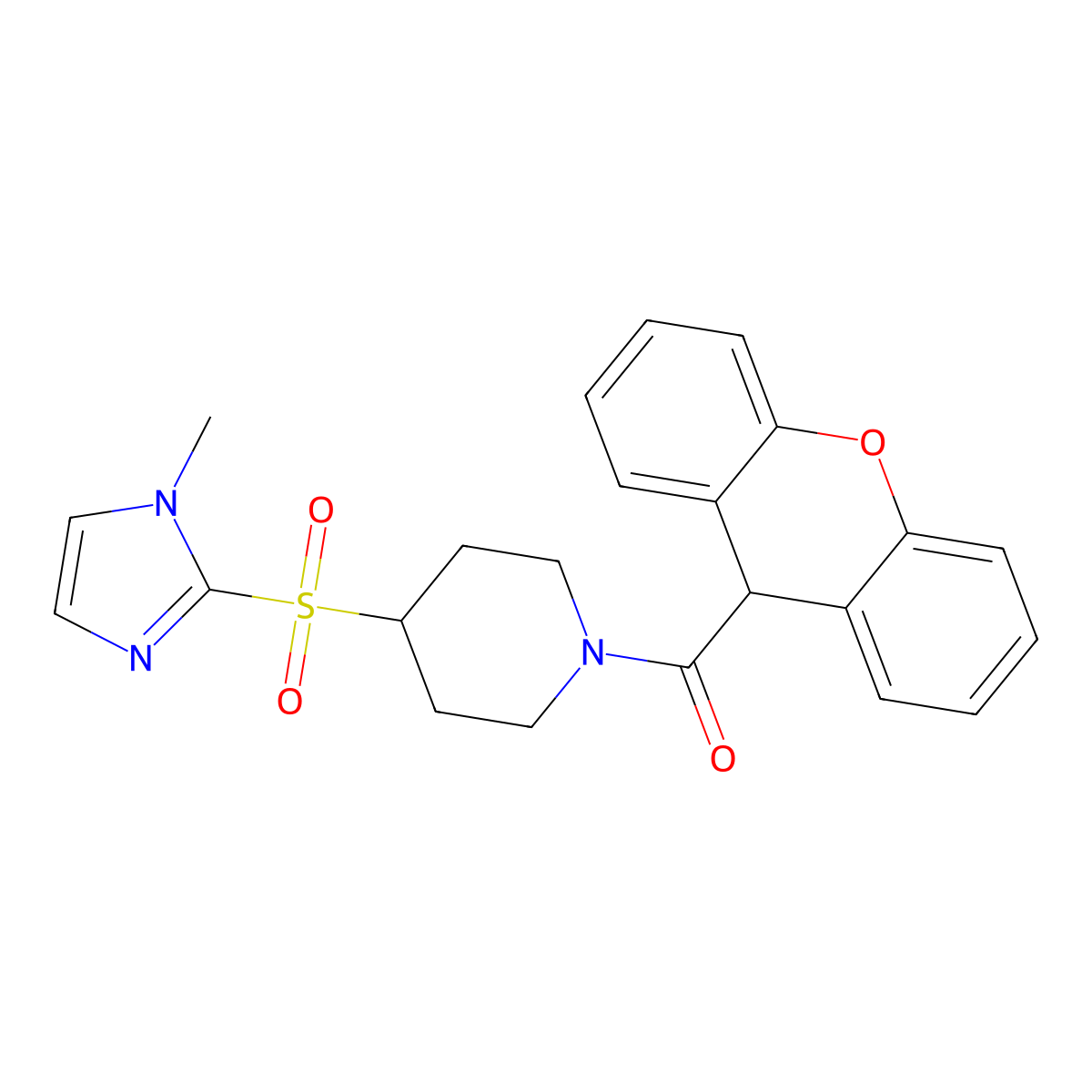 (4-((1-methyl-1H-imidazol-2-yl)sulfonyl)piperidin-1-yl)(9H-xanthen-9-yl)methanone molecular structure, CAS 2034357-46-3