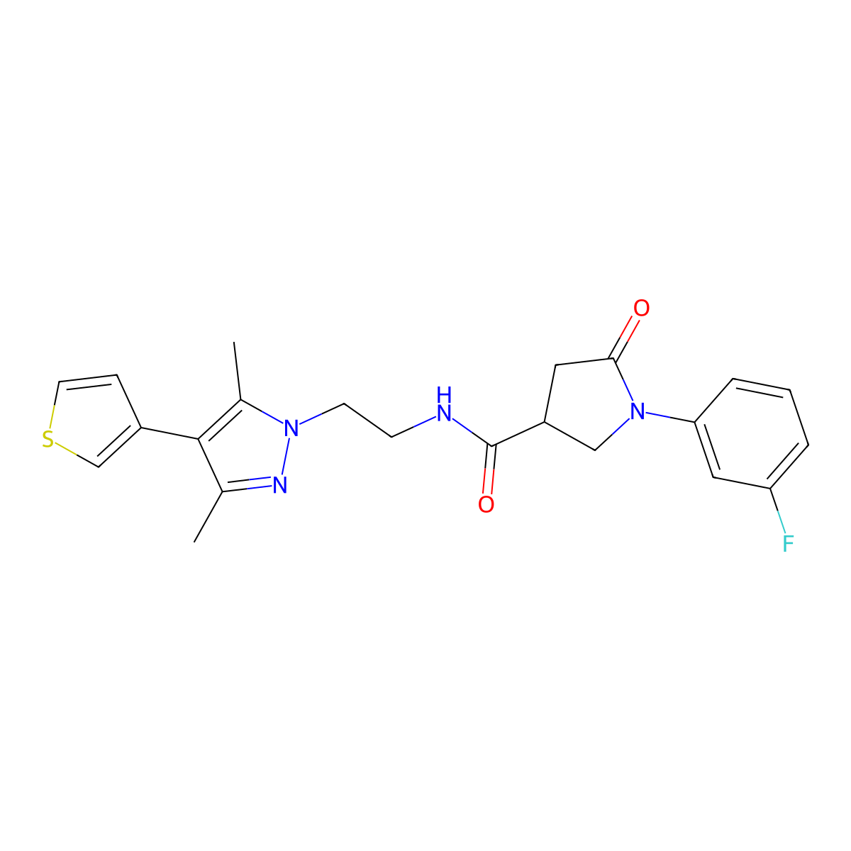 N-(2-(3,5-dimethyl-4-(thiophen-3-yl)-1H-pyrazol-1-yl)ethyl)-1-(3-fluorophenyl)-5-oxopyrrolidine-3-carboxamide molecular structure, CAS 2034357-48-5