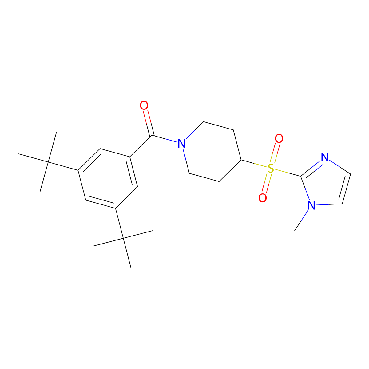 (3,5-di-tert-butylphenyl)(4-((1-methyl-1H-imidazol-2-yl)sulfonyl)piperidin-1-yl)methanone molecular structure, CAS 2034357-50-9