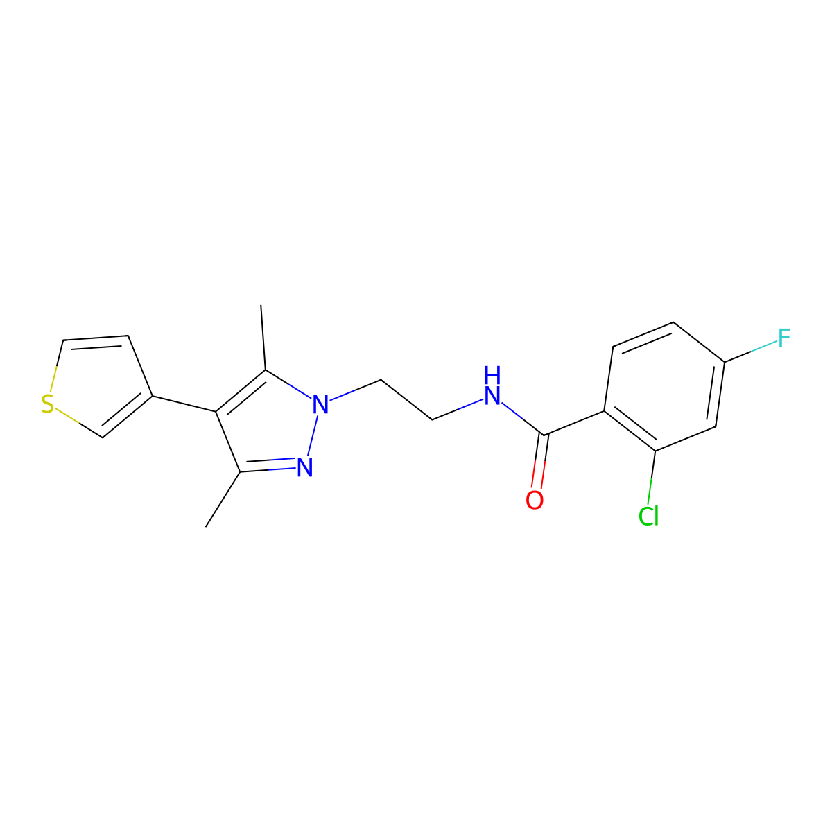 2-chloro-N-(2-(3,5-dimethyl-4-(thiophen-3-yl)-1H-pyrazol-1-yl)ethyl)-4-fluorobenzamide molecular structure, CAS 2034357-55-4
