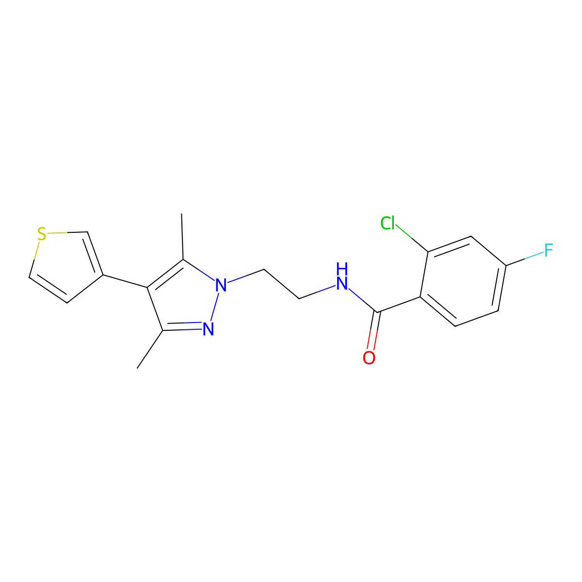 2-chloro-N-(2-(3,5-dimethyl-4-(thiophen-3-yl)-1H-pyrazol-1-yl)ethyl)-4-fluorobenzamide molecular structure, CAS 2034357-55-4